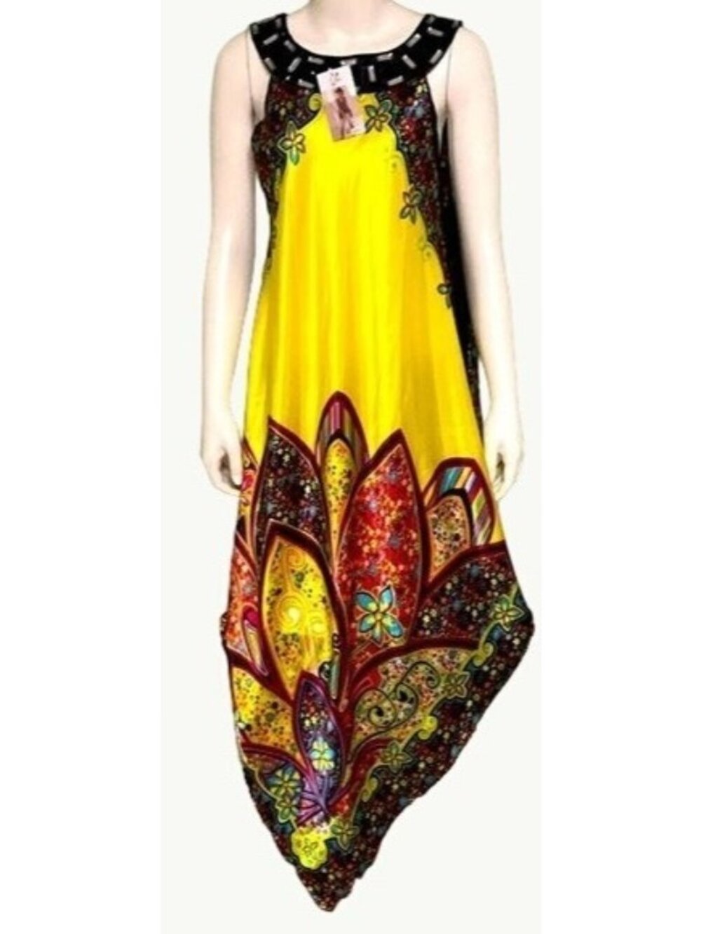 Yellow Multicolor Sleeveless Handkerchief Hem Dress Beaded Trim Floral Print Boh